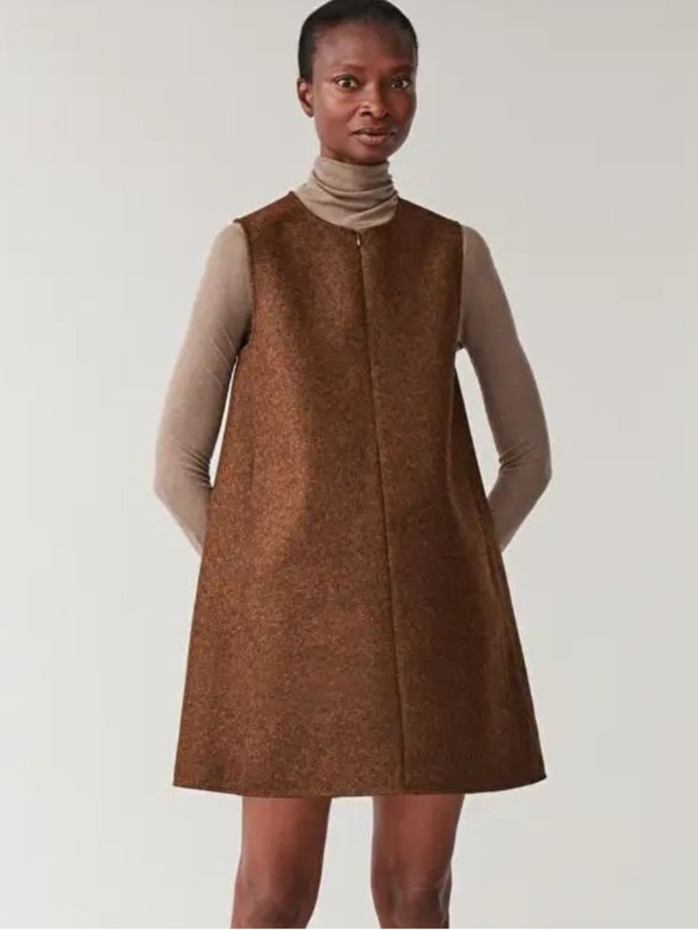 COS Wool Mix A Line Mini Zip Front Vest Dress  | Brown | 6